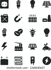 Solid Black Vector Icon Set - lightning vector, matte light bulb, saving, power socket type f, heating coil, boiler, coffee beans, solar panel, accumulator, industrial building, thermal plant, sun