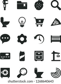 Solid Black Vector Icon Set - incandescent lamp vector, magnifier, bedside table, folder bookmark, baby cot, cogwheel, toilet, comfortable, speech, strongbox, crossed cart, piece of pizza, soda can