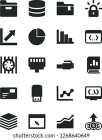 Solid Black Vector Icon Set - pie chart vector, graph, growth, positive histogram, folder bookmark, pile, pass card, book on statistics, radiator fan, usb flash, browser, coding, lan connector