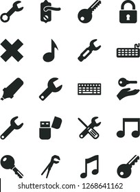 Solid Black Vector Icon Set - repair key vector, cross, small tools, adjustable wrench, door knob, lock, music, steel, text highlighter, keyboard, usb flash, note, arm with