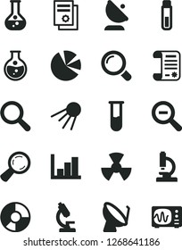 Solid Black Vector Icon Set - magnifier vector, zoom out, negative histogram, artificial satellite, round flask, radiation, dish, antenna, ring diagram, pie charts, research article, test tube
