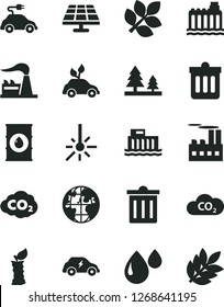 Solid Black Vector Icon Set - bin vector, dust, apple stub, solar panel, factory, oil, hydroelectric station, hydroelectricity, forest, industrial building, drop, environmentally friendly transport