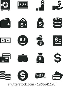Solid Black Vector Icon Set - strongbox vector, cards, coins, column of, denomination the dollar, article on, get a wage, wallet, purse, dollars, cash, money bag hand, pedestal, eyes, credit card