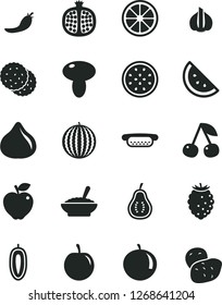 Solid Black Vector Icon Set - mini hot dog vector, mushroom, a bowl of buckwheat porridge, orange slice, biscuit, cherry, half pomegranate, red apple, fig, tasty raspberry, water melon, tangerine