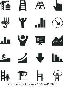 Solid Black Vector Icon Set - downward direction vector, line chart, positive histogram, a chair for feeding, crane, tower, winch hook, stepladder, ladder, index finger, right bottom arrow, bar