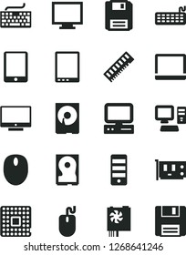 Solid Black Vector Icon Set - monitor vector, keyboard, screen, processor, computer, tablet pc, notebook, mouse, power supply, tower, memory, card, hdd, floppy