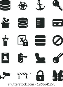 Solid Black Vector Icon Set - prohibition vector, Baby chair, door knob, road fence, lock, key, anchor, big data, reverse side of a bank card, encrypting, biohazard, airport tower, identity, safe