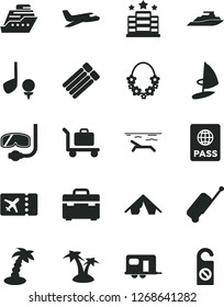 Solid Black Vector Icon Set - suitcase vector, passport, plane, camper, ticket, rolling case, tent, beach, palm tree, hawaii wreath, diving mask, baggage, hotel, golf, cruiser, yacht, windsurfing
