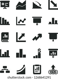 Solid Black Vector Icon Set - growth up vector, bar chart, line, graph, negative, histogram, positive, flowchart, recession, statistical report, book on statistics, presentation, financial, board
