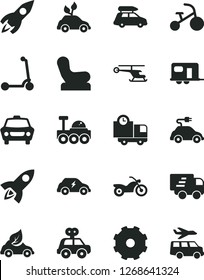 Solid Black Vector Icon Set - truck lorry vector, Baby chair, motor vehicle present, tricycle, child Kick scooter, car, delivery, eco, environmentally friendly transport, electric, rocket, Express