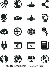 Solid Black Vector Icon Set - sign of the planet vector, globe, solar panel, plug, CO2, carbon dyoxide, connection, newspaper, network, browser, connect, man hold world, first satellite, earth