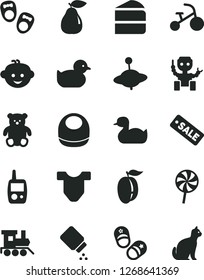 Solid Black Vector Icon Set - baby powder vector, bib, Child T shirt, rubber duck, duckling, toy mobile phone, small teddy bear, children's hairdo, train, yule, tricycle, shoes for little children