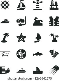 Solid Black Vector Icon Set - small fish vector, sea port, lighthouse, planet, sail boat, hotel, beach, palm tree, starfish, flippers, diving mask, surfing, handwheel, life vest, jet ski, shark fin
