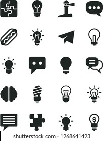 Solid Black Vector Icon Set - image of thought vector, matte light bulb, incandescent lamp, paper airplane, Puzzle, Puzzles, saving, Hot Dog, coastal lighthouse, think, speech, brain, dialog, idea
