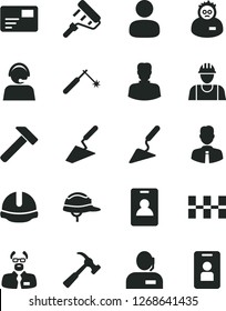 Solid Black Vector Icon Set - builder vector, trowel, building, paint roller, ceramic tiles, construction helmet, hammer, with claw, employee, pass card, welding, woman, man, dispatcher, operator