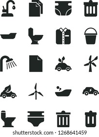 Solid Black Vector Icon Set - bin vector, clean sheet of paper, diaper, nappy, children's bathroom, bath, bucket, toilet, comfortable, shower, kitchen faucet, dust, folded shirt, windmill, eco car