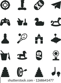 Solid Black Vector Icon Set - paper airplane vector, rubber duck, stacking rings, toy, roly poly doll, tumbler, sand set, children's, yule, rocking horse, small, box of bricks, joystick, cup, pawn