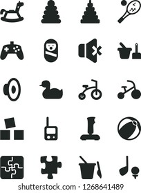 Solid Black Vector Icon Set - loudspeaker vector, rubber duck, baby bath ball, stacking rings, toy, roly poly doll, phone, sand set, children's, rocking horse, cubes for children, child bicycle