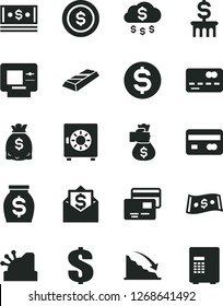 Solid Black Vector Icon Set - dollar vector, strongbox, cards, reverse side of a bank card, front the, recession, money, dollars, cash, cashbox, gold bar, bag hand, rain, coin, column, mail, atm