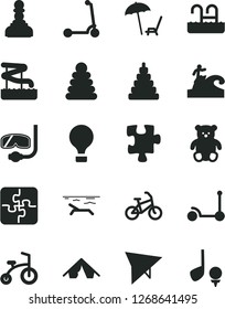 Solid Black Vector Icon Set - stacking rings vector, toy, small teddy bear, child bicycle, Kick scooter, Puzzle, Puzzles, pawn, air balloon, hang glider, bike, tent, beach, arnchair under umbrella