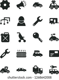 Solid Black Vector Icon Set - truck lorry vector, toys over the cot, summer stroller, motor vehicle present, key, pass card, delivery, racer, canister, electric car, retro, autopilot, repair, steel