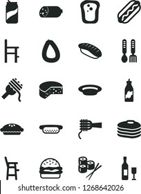 Solid Black Vector Icon Set - a chair for feeding vector, child, iron fork spoons, sausage, stick of, cheese, Hot Dog, mini, burger, spaghetti, noodles, pie, plate, sushi set, japanese, soda can