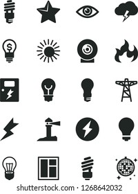 Solid Black Vector Icon Set - matte light bulb vector, window, saving, lightning, dangers, star, eye, storm cloud, lens, power pole, energy, coastal lighthouse, flame, electricity, idea, sun