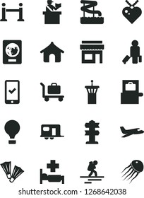 Solid Black Vector Icon Set - plane vector, camper, air balloon, backpacker, airport tower, rope barrier, passenger, baggage scanner, passort control, passport, phone registration, boungalow, store