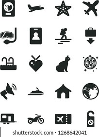 Solid Black Vector Icon Set - earth vector, plane, camper, motorcycle, backpacker, identity card, passport, ticket, getting baggage, boungalow, disco ball, pool, starfish, diving mask, pets, jet ski
