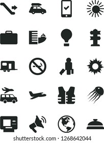 Solid Black Vector Icon Set - earth vector, plane, car baggage, camper, air balloon, escalator, passenger, suitcase, phone registration, atm, hotel, sun, transfer, no smoking sign, signpost