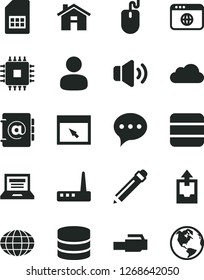 Solid Black Vector Icon Set - house vector, laptop, graphite pencil, upload archive data, speech, volume, address book, SIM card, man, globe, mouse, cpu, router, browser, lan connector, big, cloud