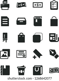 Solid Black Vector Icon Set - add bookmark vector, paper bag, book, electronic boiler, picture, notebook, drawer, with handles, survey, copy, coffe to go, dollar, morning, printer, file, patente