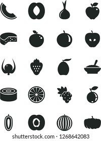 Solid Black Vector Icon Set - cheese vector, canned goods, a bowl of buckwheat porridge, strawberry, half apricot, grape, red apple, tasty, blueberry, water melon, slice, loquat, peach, tangerine