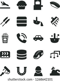 Solid Black Vector Icon Set - toys over the cot vector, motor vehicle, paint roller, spatula, cake, barbecue, sushi, japanese, cup of popcorn, conveyor, racer, metallurgy, steel production, big data