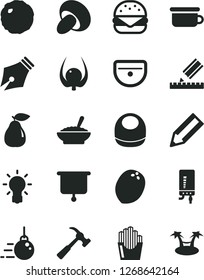 Solid Black Vector Icon Set - baby bib vector, children's potty, big core, sink, drawing, electronic boiler, hammer with claw, burger, porcini, a bowl of buckwheat porridge, cabbage, pear, coconut