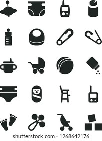 Solid Black Vector Icon Set - mug for feeding vector, bottle, diaper, nappy, powder, baby, bib, rattle, stroller, summer, safety pin, open, bath ball, roly poly doll, toy phone, mobile, footprints