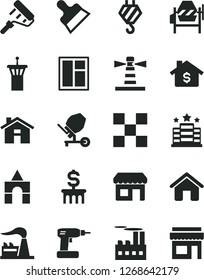 Solid Black Vector Icon Set - house vector, box of bricks, hook, concrete mixer, window, cordless drill, paint roller, tile, putty knife, factory, industrial building, kiosk, lighthouse, mortgage