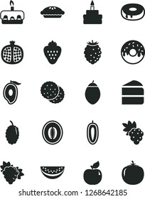 Solid Black Vector Icon Set - piece of cake vector, torte, birthday, with a hole, glazed, pie, strawberry, biscuit, half pomegranate, grape, branch, apricot, tasty raspberry, mulberry, mango, melon