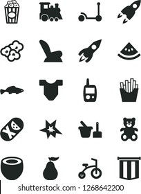 Solid Black Vector Icon Set - Child T shirt vector, car seat, tumbler, toy mobile phone, sand set, teddy bear, children's train, bicycle, Kick scooter, French fries, popcorn, cup of, small fish