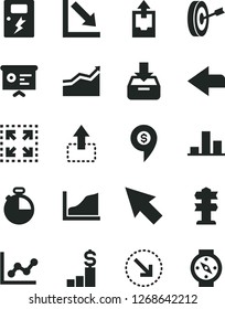 Solid Black Vector Icon Set - left direction vector, graph, negative chart, upload archive data, dangers, timer, put in a box, size, move up, right bottom arrow, financial report, cursor, growth