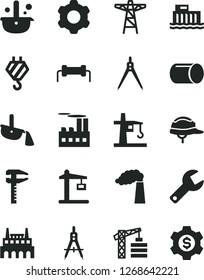 Solid Black Vector Icon Set - repair key vector, tower crane, hook, cogwheel, helmet, manufacture, hydroelectric station, power pole, industrial building, factory, Construction, pipe, calipers