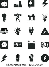 Solid Black Vector Icon Set - lightning vector, saving light bulb, power socket type b, f, solar panel, accumulator, hydroelectricity, pole, electric plug, thermal plant, energy, pc supply