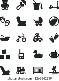 Solid Black Vector Icon Set - baby cot vector, mug for feeding, beanbag, chair, car child seat, stroller, rubber duck, bath ball, children's bathroom, motor vehicle present, toy phone, sand set