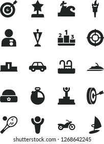 Solid Black Vector Icon Set - motor vehicle vector, warm hat, timer, pedestal, flame torch, winner, podium, star reward, man with medal, pennant, target, purpose, aim, motorcycle, pool, surfing
