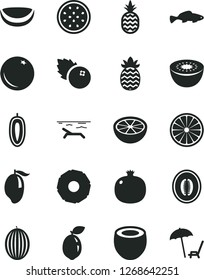 Solid Black Vector Icon Set - small fish vector, blueberries, a pineapple, orange, pomegranate, melon, mango, half, sweet date fruit, kiwi, of passion, sour lime, piece coconut, slice, grapefruit