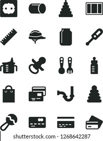 Solid Black Vector Icon Set - yardstick vector, bank card, nipple, measuring cup for feeding, bottle, beanbag, electronic thermometer e, stacking rings, toy, plastic fork spoons, window frame, cards