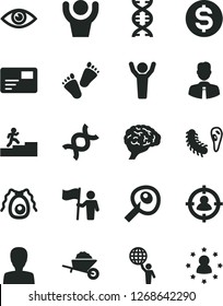 Solid Black Vector Icon Set - woman vector, children's tracks, garden trolley, employee, eye, pass card, man in sight, dollar, dna, brain, bactery, artifical insimination, carrer stairway, hands up