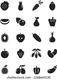 Solid Black Vector Icon Set - cucumber vector, peper, blueberries, strawberry, strawberries, pear, tasty apple, rose hip, cornels, goji berry, delicious plum, tamarillo, half of guawa, piece coconut