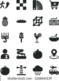 Solid Black Vector Icon Set - keyboard vector, cloud, winch hook, color samples, tile, crossed cart, loaf, a bowl of rice porridge, cocktail, popsicle, pomegranate, pineapple, persimmon, lighthouse