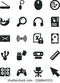 Solid Black Vector Icon Set - plummet vector, chili, encrypting, mouse, motherboard, memory, web camera, hdd, usb, scanner, flash, headphones, pc speaker, network, wireless, magnifier, joystick